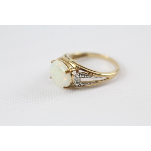 46 - 9ct gold opal single stone ring with diamond set shank (3g) Size  N