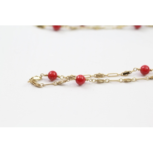 47 - 6ct gold coral beads fancy link long necklace (11.7g)