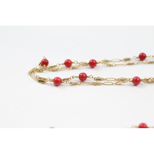 47 - 6ct gold coral beads fancy link long necklace (11.7g)