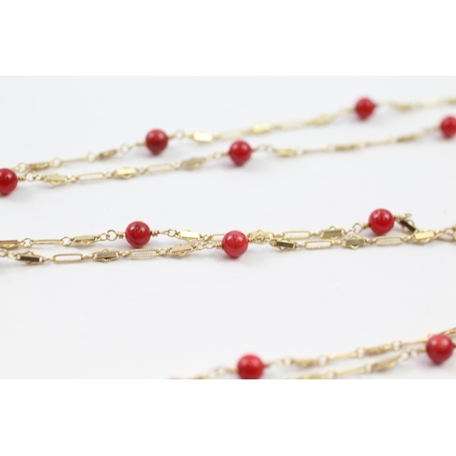 47 - 6ct gold coral beads fancy link long necklace (11.7g)