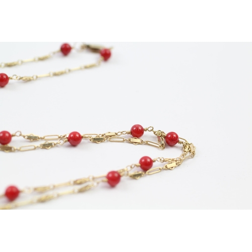 47 - 6ct gold coral beads fancy link long necklace (11.7g)