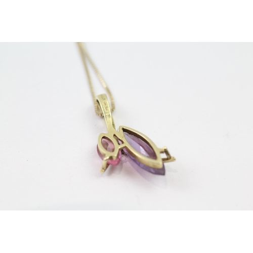 49 - 9ct gold amethyst & coated pink topaz two stone pendant necklace (4.3g)