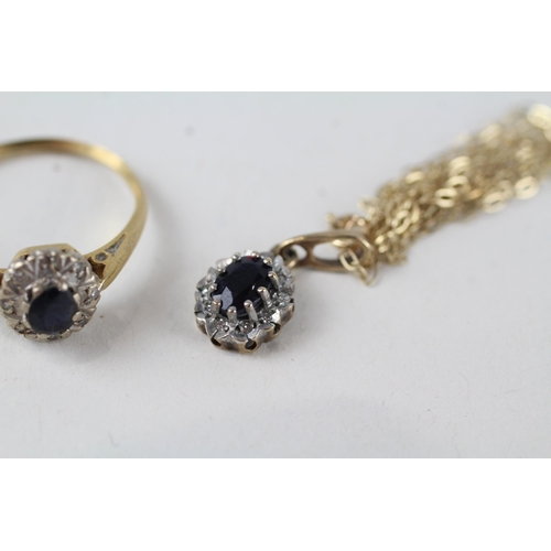 79 - 9ct gold diamond & sapphire oval cluster pendant necklace & ring set (3.4g) Size  N