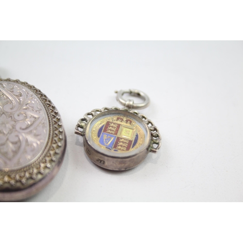 185 - Antique Victorian sterling silver pendants including locket, coin (25g)