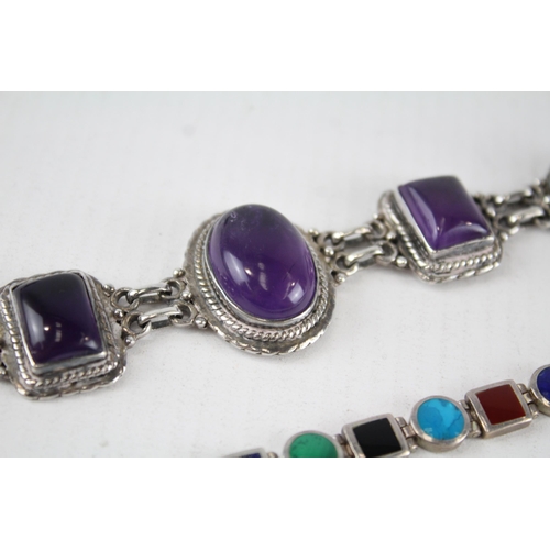 201 - Two sterling silver gemstone bracelets including amethyst, lapis lazuli (65g)