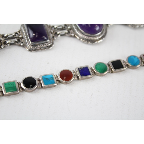 201 - Two sterling silver gemstone bracelets including amethyst, lapis lazuli (65g)