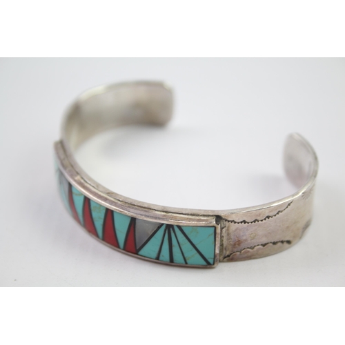 204 - Sterling silver native American gemstone inlay torque bracelet (44g)