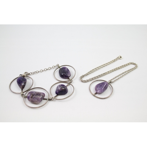 214 - Modernist sterling silver amethyst necklace & bracelet set (46g)