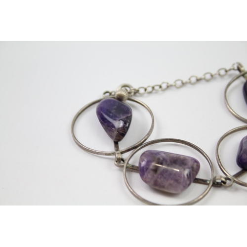 214 - Modernist sterling silver amethyst necklace & bracelet set (46g)