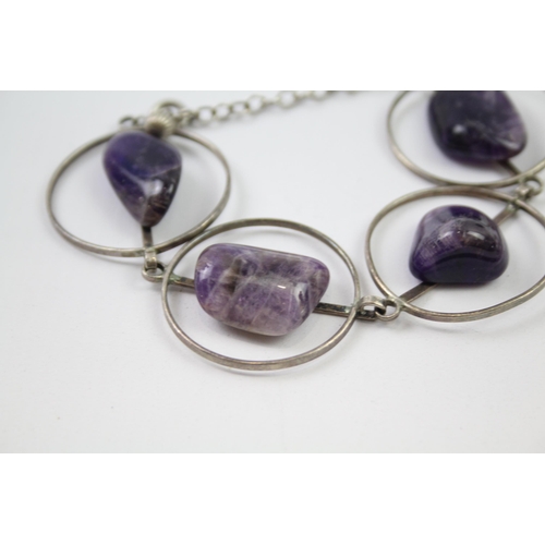 214 - Modernist sterling silver amethyst necklace & bracelet set (46g)