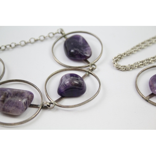 214 - Modernist sterling silver amethyst necklace & bracelet set (46g)