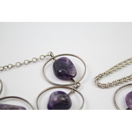 214 - Modernist sterling silver amethyst necklace & bracelet set (46g)