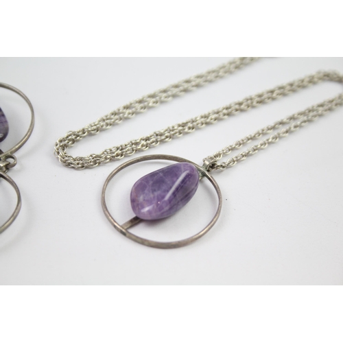 214 - Modernist sterling silver amethyst necklace & bracelet set (46g)