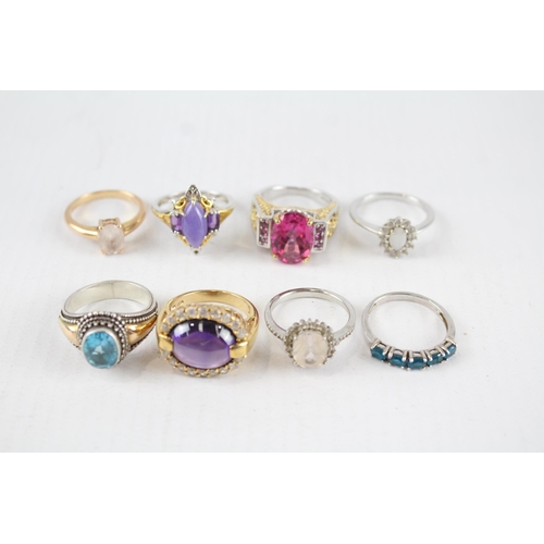 229 - A collection of sterling silver gemstone rings including gold plated (36g)