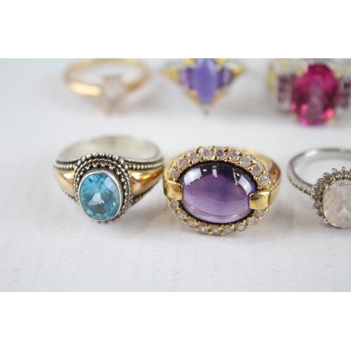 229 - A collection of sterling silver gemstone rings including gold plated (36g)