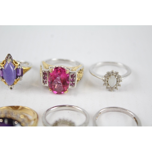 229 - A collection of sterling silver gemstone rings including gold plated (36g)