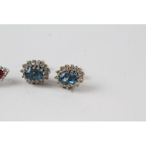 1 - 2 x 9ct gold diamond, glass-filled ruby & topaz stud earrings (3.4g)