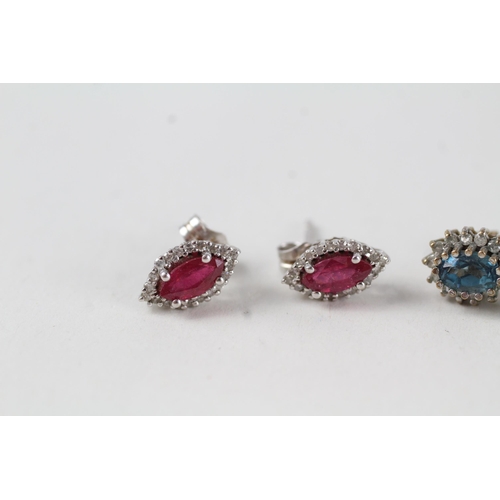 1 - 2 x 9ct gold diamond, glass-filled ruby & topaz stud earrings (3.4g)