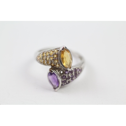 11 - 14ct white gold amethyst & citrine bypass ring (3.8g) Size  M 1/2