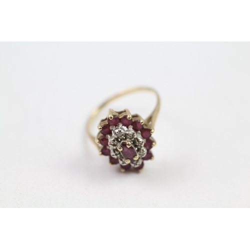 139 - 9ct gold vintage ruby & diamond cluster ring (2.2g) Size  K