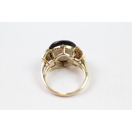 142 - 9ct gold faceted smokey quartz & diamond dress ring (5.1g) Size  O