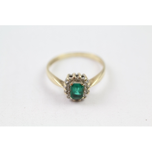 150 - 9ct gold synthetic emerald & diamond halo ring (2.5g) Size  R