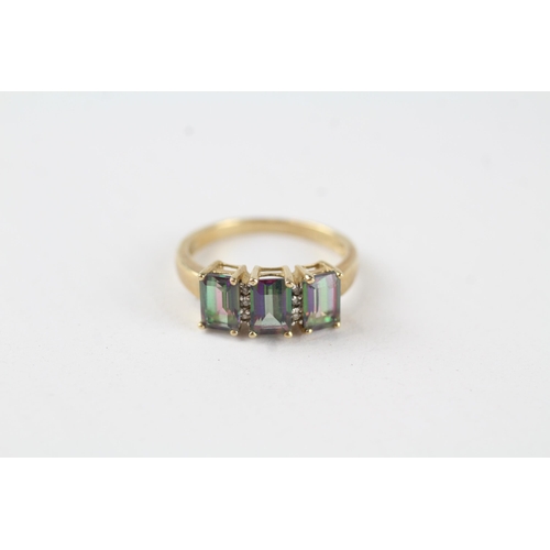 23 - 9ct gold mystic topaz & diamond three stone ring (2.5g) Size  M