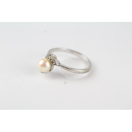 27 - 10ct gold vintage cultured pearl & diamond foliate dress ring (2.4g) Size  L