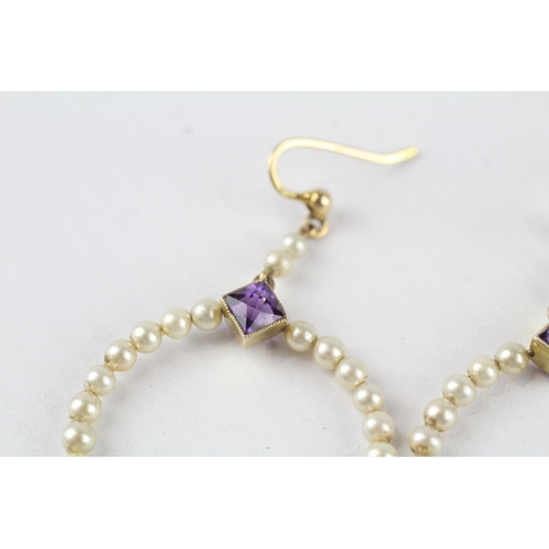 45 - 9ct gold faux pearl & amethyst drop earrings (3.5g)