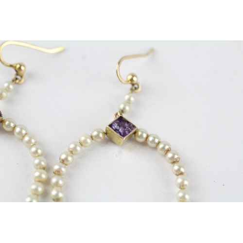 45 - 9ct gold faux pearl & amethyst drop earrings (3.5g)