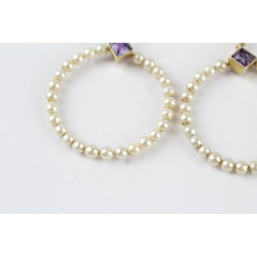 45 - 9ct gold faux pearl & amethyst drop earrings (3.5g)