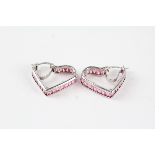 48 - 9ct gold pink CZ heart shaped hoop earrings (5.8g)