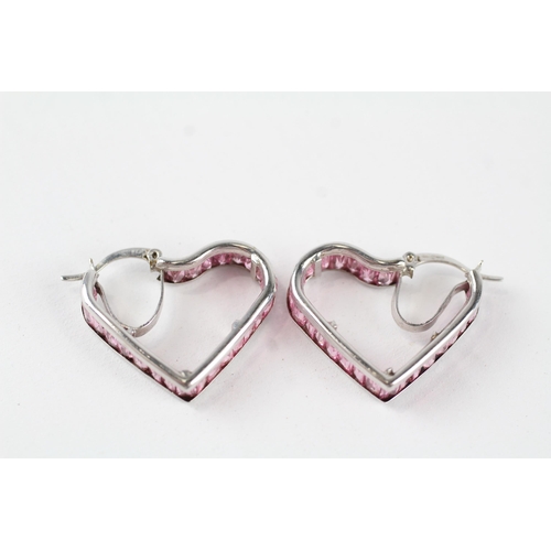 48 - 9ct gold pink CZ heart shaped hoop earrings (5.8g)