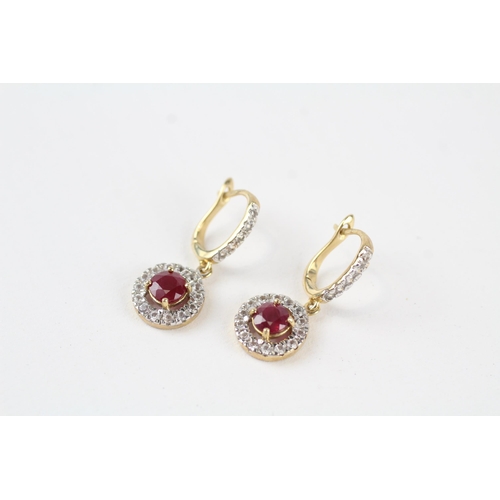 6 - 9ct gold ruby and white gemstone set cluster drop earrings (2.7g)