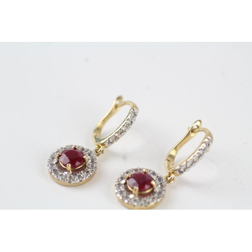 6 - 9ct gold ruby and white gemstone set cluster drop earrings (2.7g)