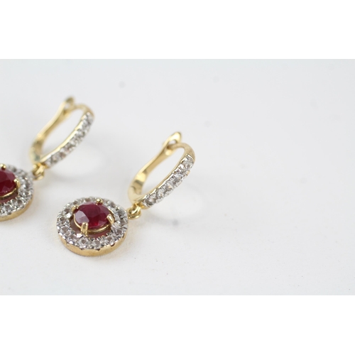 6 - 9ct gold ruby and white gemstone set cluster drop earrings (2.7g)