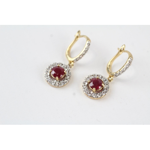 6 - 9ct gold ruby and white gemstone set cluster drop earrings (2.7g)