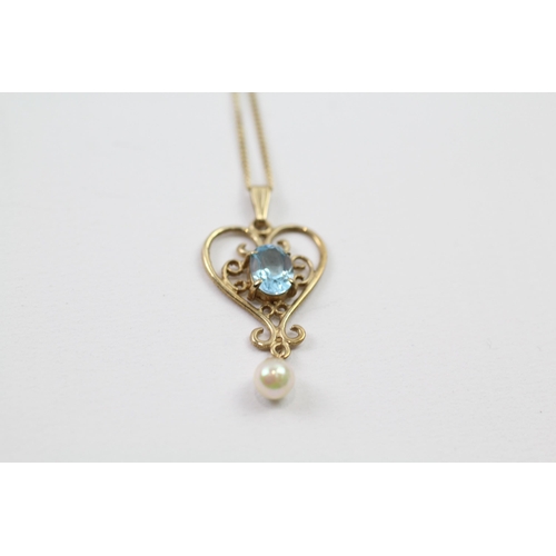 66 - 9ct gold vintage blue topaz & cultured pearl pendant (2.4g)