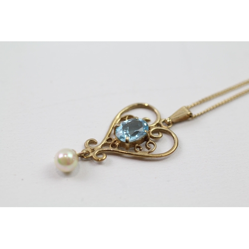 66 - 9ct gold vintage blue topaz & cultured pearl pendant (2.4g)