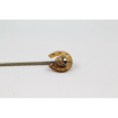 78 - 9ct gold fox head & horseshoe stick pin with base pin (0.9g)