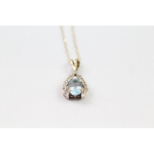 79 - 9ct gold blue topaz & diamond drop pendant & chain (1.4g)