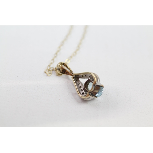 79 - 9ct gold blue topaz & diamond drop pendant & chain (1.4g)