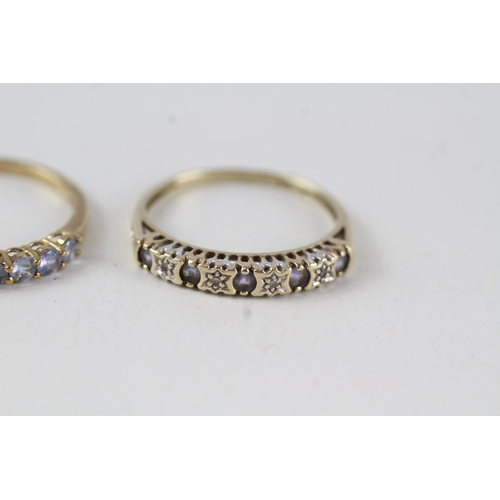 80 - 2x 9ct gold tanzanite & diamond half eternity rings (3g) Size  P + P