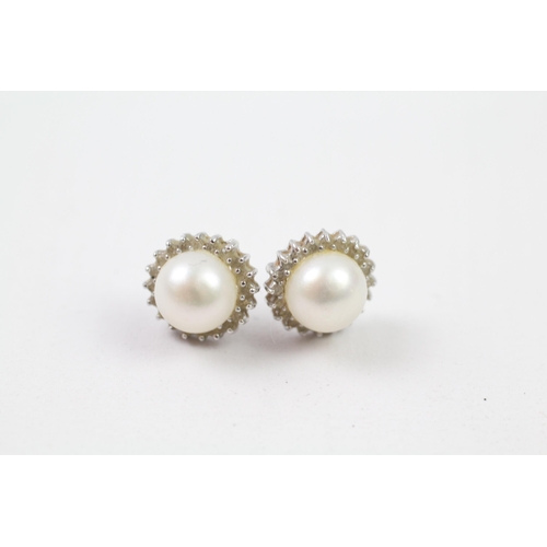 82 - 14ct gold cultured pearl & diamond halo stud earrings (2.3g)