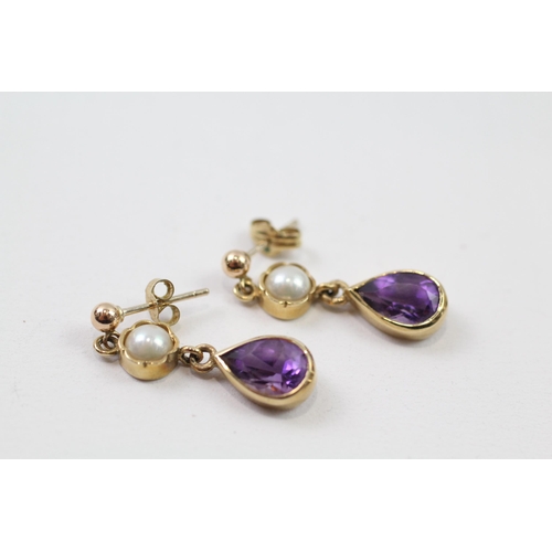 95 - 9ct gold amethyst & pearl drop earrings (3g)