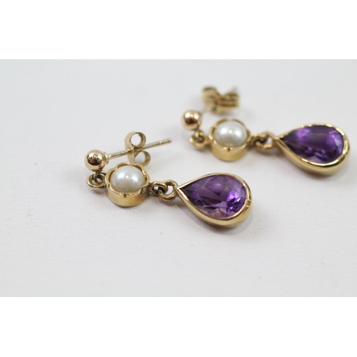 95 - 9ct gold amethyst & pearl drop earrings (3g)