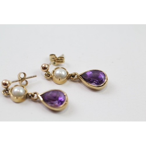 95 - 9ct gold amethyst & pearl drop earrings (3g)