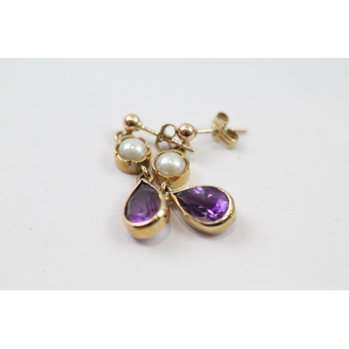 95 - 9ct gold amethyst & pearl drop earrings (3g)