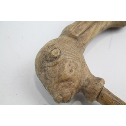 251 - Early 19th Century Folk Art Carved Wooden Walking Stick Handle Of Hare