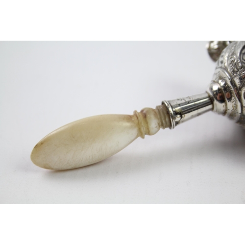 286 - Antique / Vintage .850 Silver Babt's Rattle / Whistle w/ MOP Handle (32g)